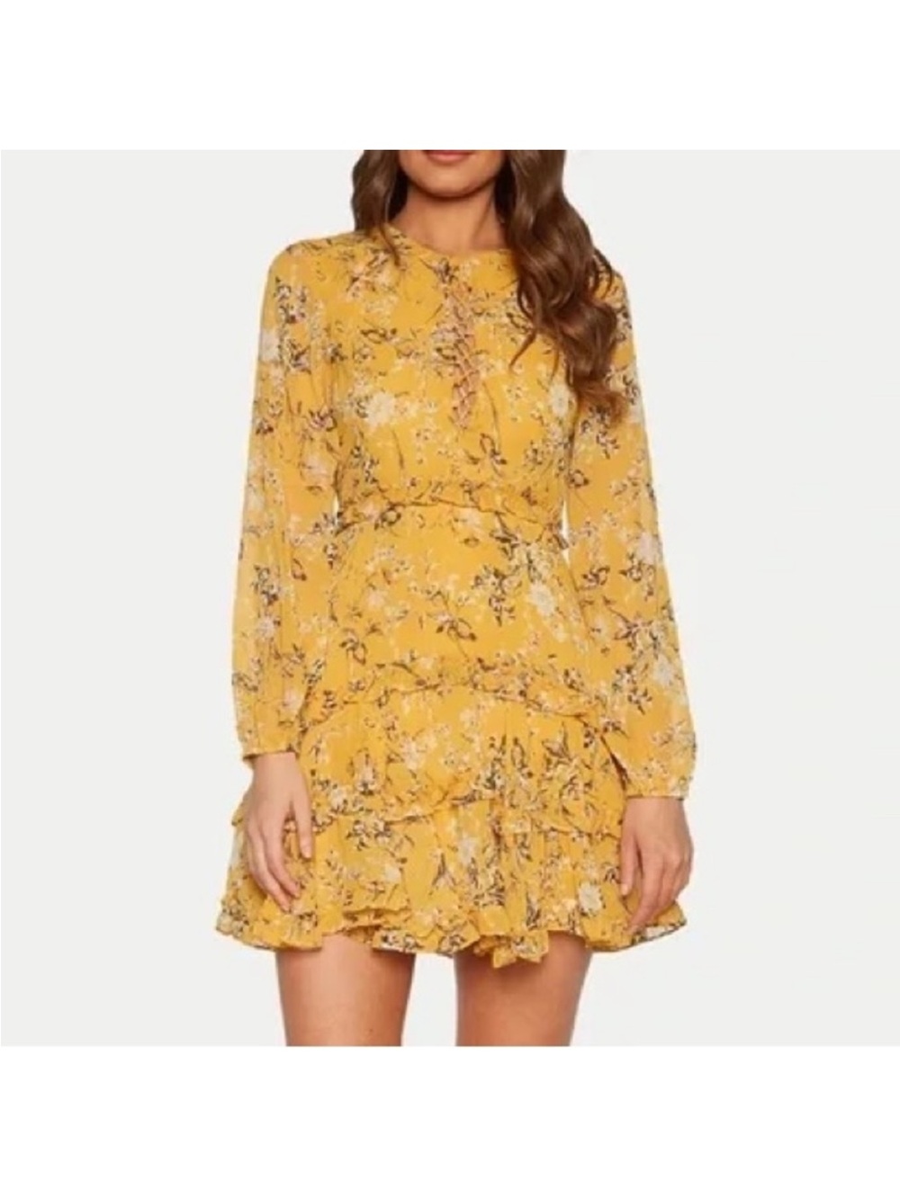Bardot Yellow Floral Long Sleeve Ruffle Dress